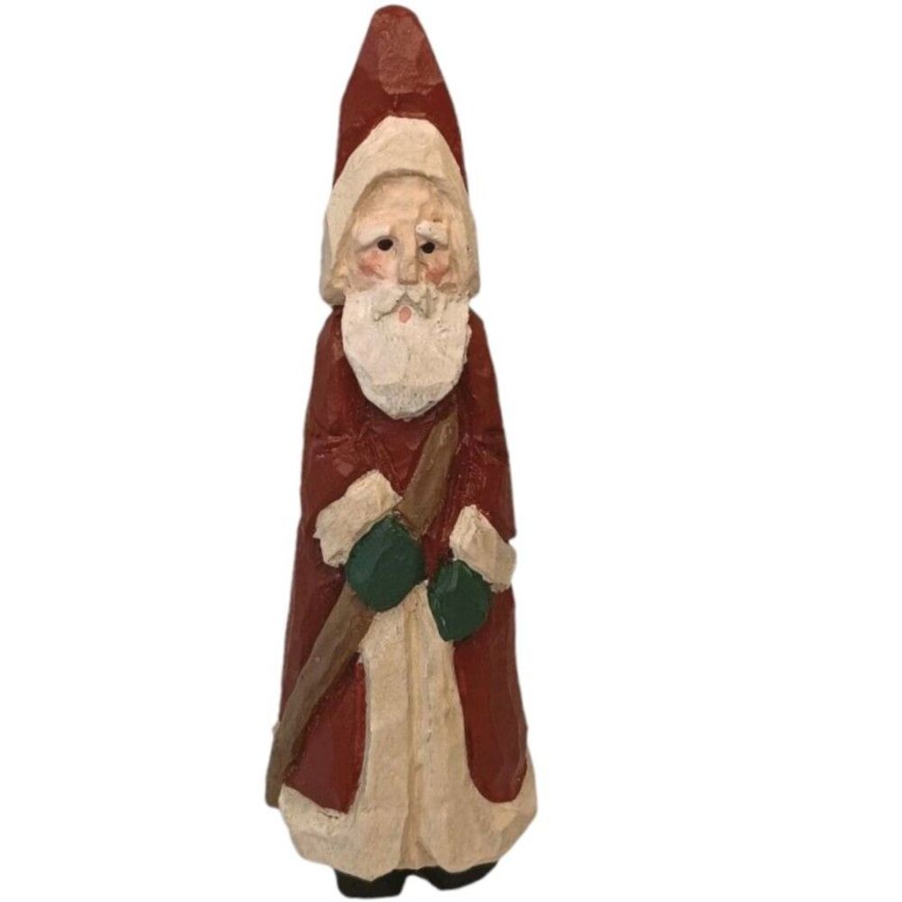 Vintage Skinny Santa Claus Holding Staff With Green Mittens Figurine Resin 4.5"